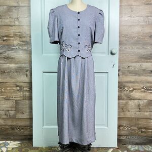 MISS DORBY Vintage Dress Waistcoat Embroidered Back Tie Navy White Check Sz 18